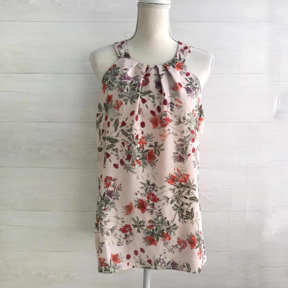 Violet & Claire - Pink floral sleeveless pleated neck chiffon top, L